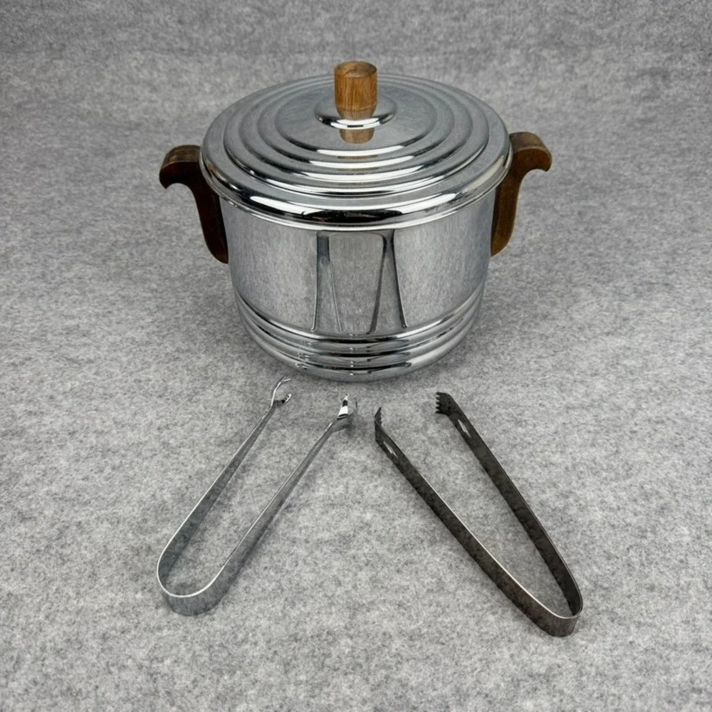 Vintage Keystone Chrome Ice Bucket Wood Handles Lid 2 Tongs Insulated Barware